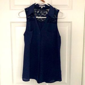 Express navy blue sleeveless blouse w lace detail
